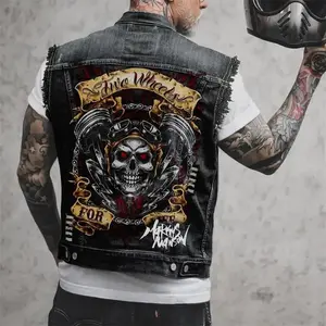 Men's Denim Vest Spring And Autumn New Hip Hop Rock Street Pop Print Sleeveless Casual Plus-Size Coat