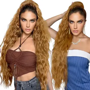 Ponytail Extension, 34 Inch Extra Long Drawstring Ponytail Strawberry Blonde Pony Tails Hair Extension Flurry Wavy Ponytails Soft Upgraded Synthetic Fiber  Ponytail Hairpiece for Women