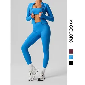 Women's Solid Sports Bra & Leggings & Zip Up Jacket Set, Casual Breathable Comfortable Outfits for Yoga Gym Workout Running, Co-ord set women