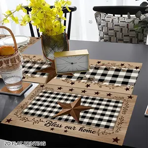 Thanksgiving Barn Star Plaid Table Runner & Placemat for Holiday Party Seasonal Decorations Living Room Restaurant Kitchen Accessories