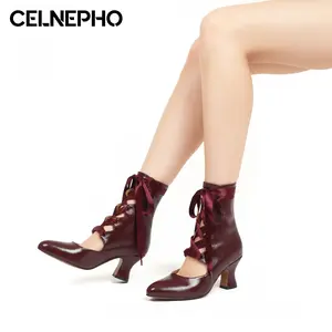 CELNEPHO Fashion Boots for Women Pointed Toe Lace up Design Ankle Booties Block Heel Back Zipper ClosureEasy Pull on Tango Boot Wedding Party Wear Cosplay Dress Shoe