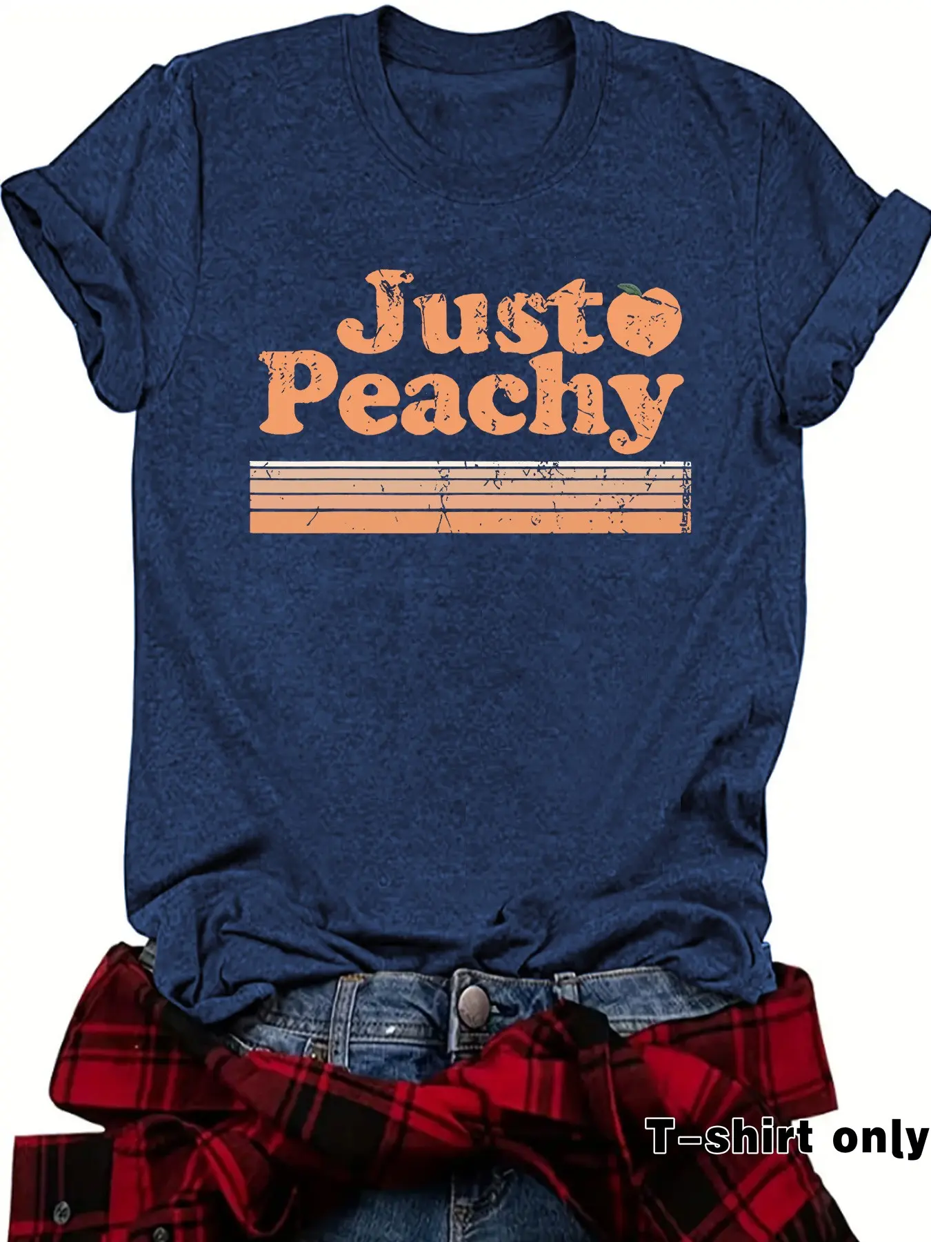 Women's Vintage 70s Georgia Peach Print Casual Fitted Summer Top, Round Neck Short Sleeve T-Shirt, casual tee shirts, Womenswear, Comfortable Breathable, S-Xxl, Lady