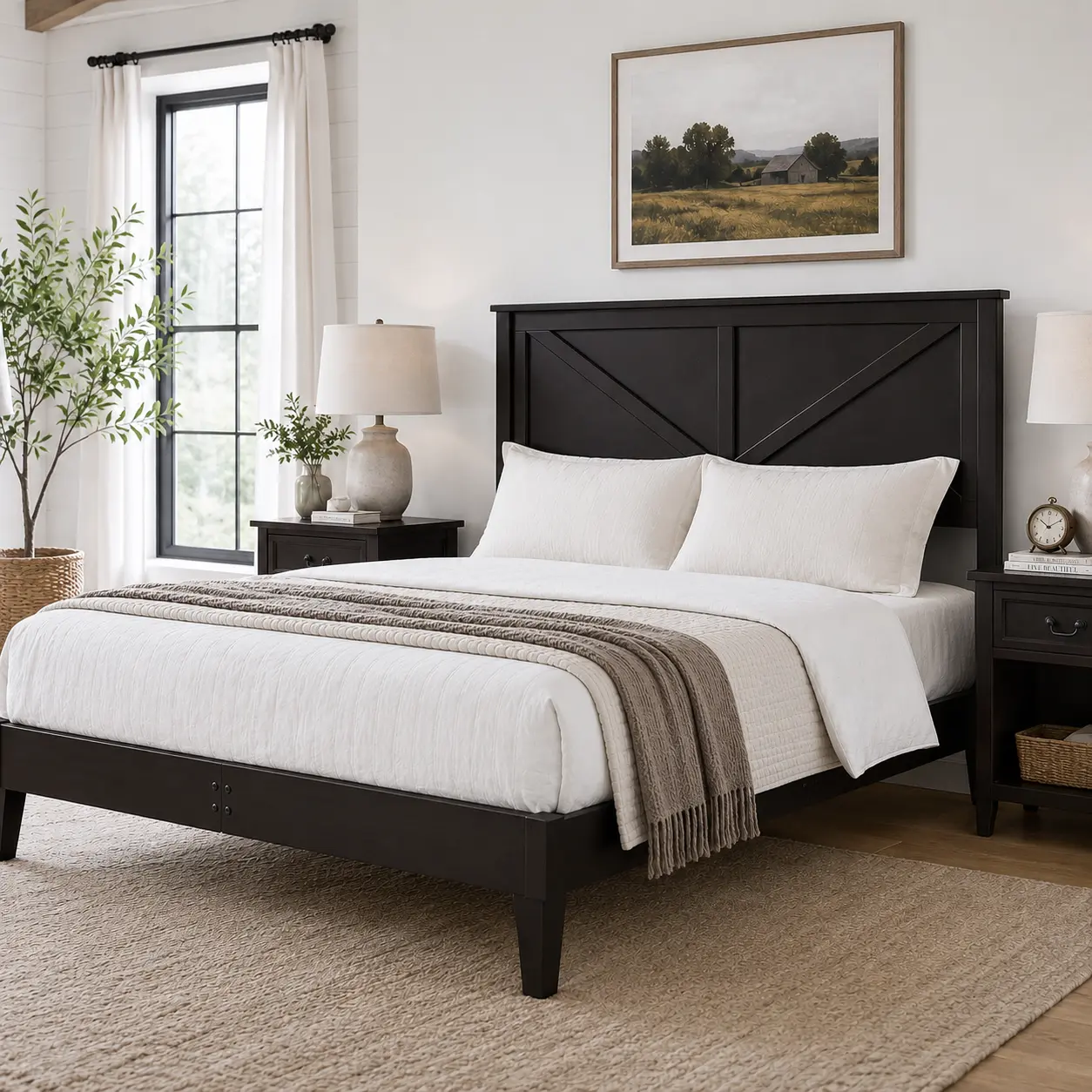 Costoffs Rustic Farmhouse V-Headboard Wooden Platform Bed - Solid Rubberwood Frame, Wood Slat Support, No Box Spring Needed, Noise-Free, Easy Setup, Wipe Clean, 800 lb Capacity, 7" Vacuum Access, Natural Wood, Portable, Durable, Fits Full & Queen Sizes