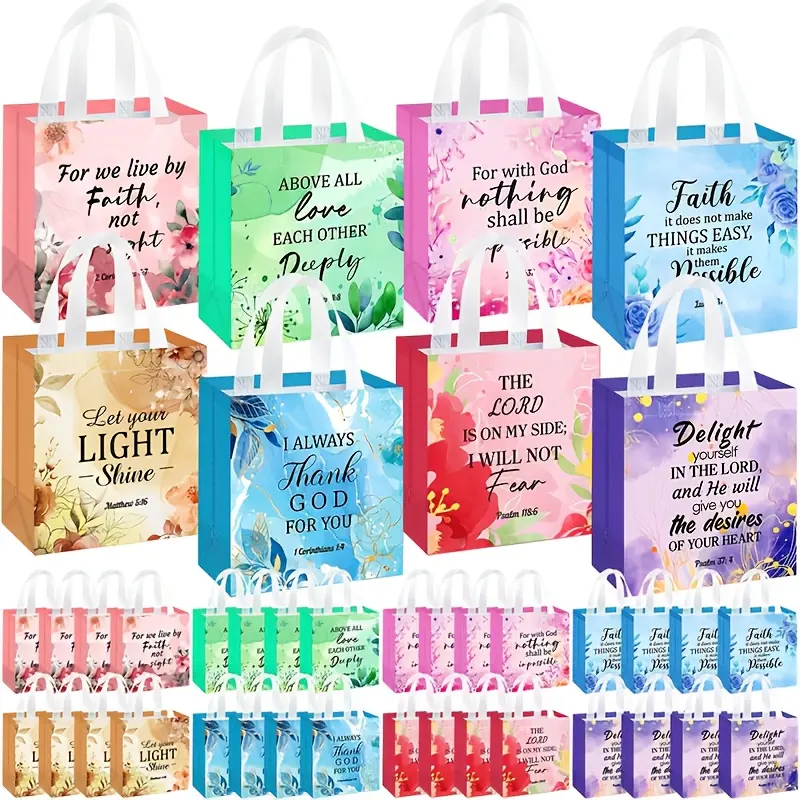 GINETARR 32/64 Pieces Religious Gift Bags With Handles In 8 Designs, Reusable Flower Bible Verse Gift Bags Bulk For Women & Girl, Non Woven Tote Bag For Church, Wedding, Birthday & Party Supplies