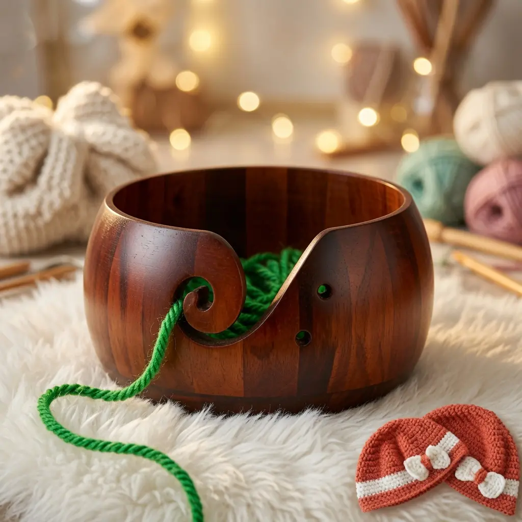 Wooden Yarn Bowl for Crochet & Knitting, 6 x 3 Inch Handmade Yarn Holder with Smooth Guide Holes, Yarn Storage Organizer for Crafters