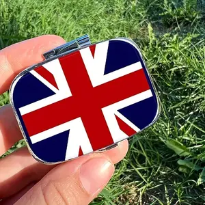 Union Jack Flag Home Storage Box with Mirror, British Flag Design, Compact Plastic 2 Compartment Pill Case, Travel Size Organizer, Travel Hand Mirror