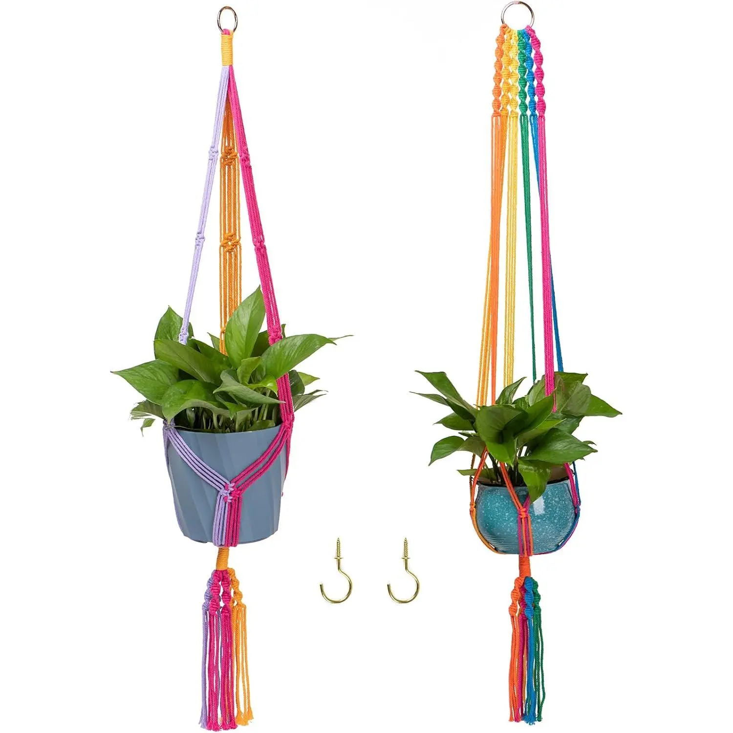 Rainbow Colorful Macrame  Hanger with 2 Hooks, Hanging  Holder Indoor Outdoor,  Cotton Rope for Boho Room Decor Hanging Ceiling Decor2 Pack