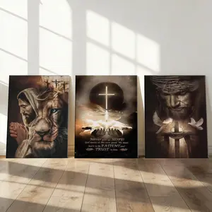 3-Piece Wood Frame Canvas, Christian Jesus Cross Triptych Decor Poster, Modern Living Room Art, Art Wall Decoration, Waterproof, for Bedroom, Office, Hallway