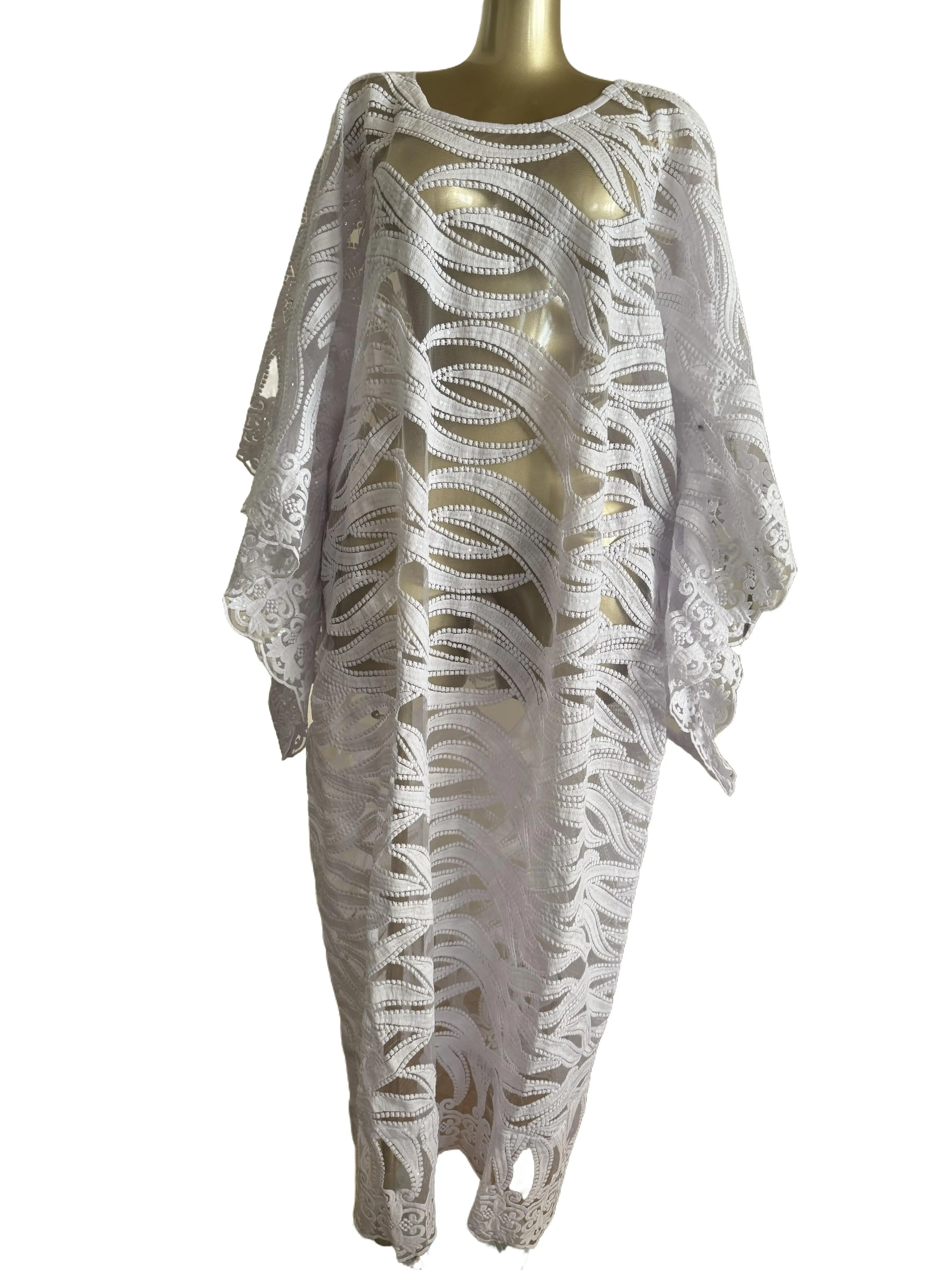 Women's Elegant White Lace Boubou Long Sleeve Maxi Dress