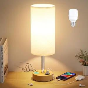 Touch Bedside Table Lamp with USB - 3 Way Dimmable Wood Lamp for Bedroom Nightstand, Desk Lamp with Charging Station for Dorm, Living Room, Office, Kids Room, Small, 14in