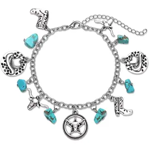 Western Cowgirl Turquoise Bracelets Vintage Sliver Cowboy Charm Bracelet Cowboy Hat Boots Bull Charm Chain Link Bracelet Y2K Adjustable Jewelry for Women Girls