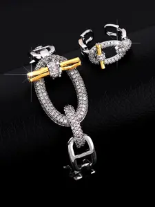 Exquisite 18k Gold-Plated Copper Zircon Bracelet & Open Ring Set, Iced Out Blingbling Jewelry for Men & Women, High Quality Daily Wear