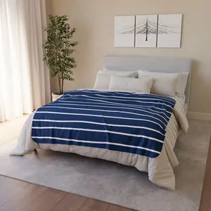 Striped Fleece Sherpa Blanket Blue and White Stripes Comfy Warm Cozy