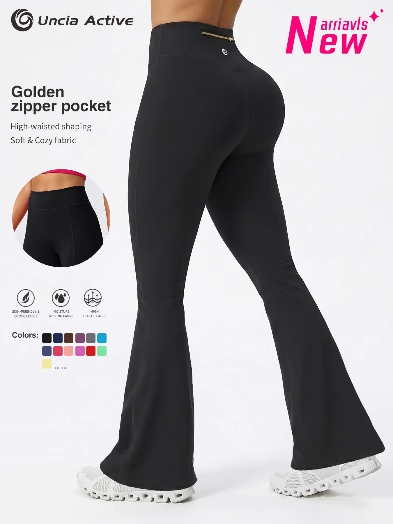 Uncia Active Women's 29.5 In High Waist Gold-Colored Zippered Pocket Flare Leggings - Elastane, Fitted Minimalist Bridal Basic Activewear for Yoga, Fitness, Summer Wins, Try it Womenswear Bottoms backtoschool,back to school,back to school haul