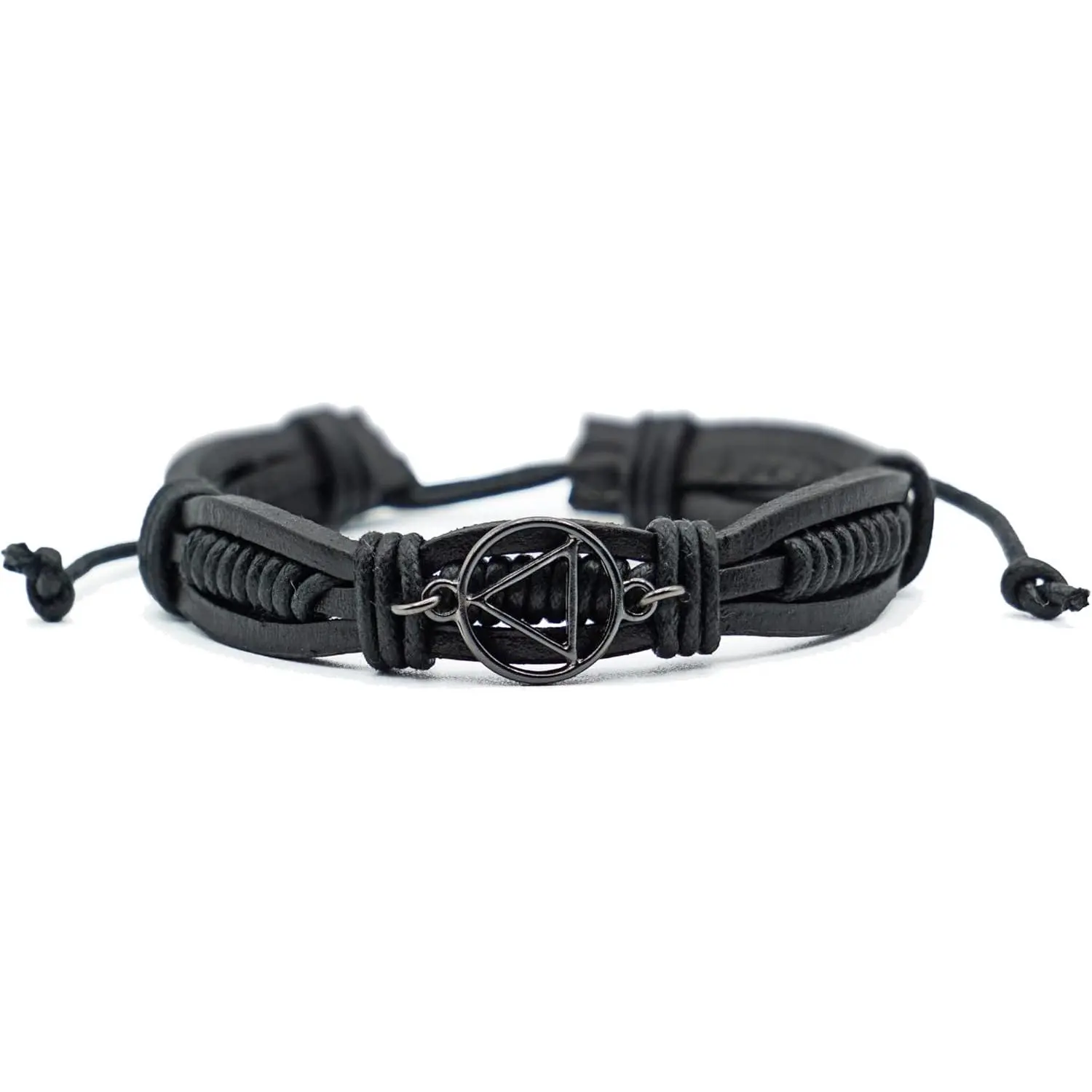 Adjustable Black Lear  Bracelet with Alcoholics Anonymous Circle Triangle Charm | Sobriety  for Men and Women in