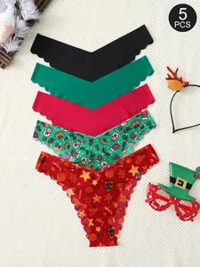 5PCS Christmas Comfortable Snowman Print Drop-Waist Women's Thongs, Casual Cartoon Pattern, Fitted Design, All Seasons