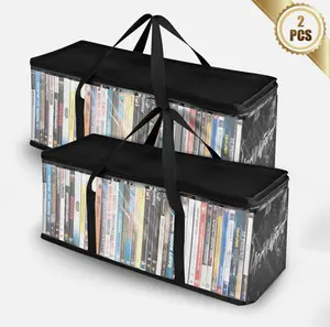 2 Pcs Clear DVD Storage Bags Media Organizer Set for DVDs CDs Movie Cases with Handles Zipper Durable PVC Polyester Large Capacity Water Resistant 23.6x8.7x6in