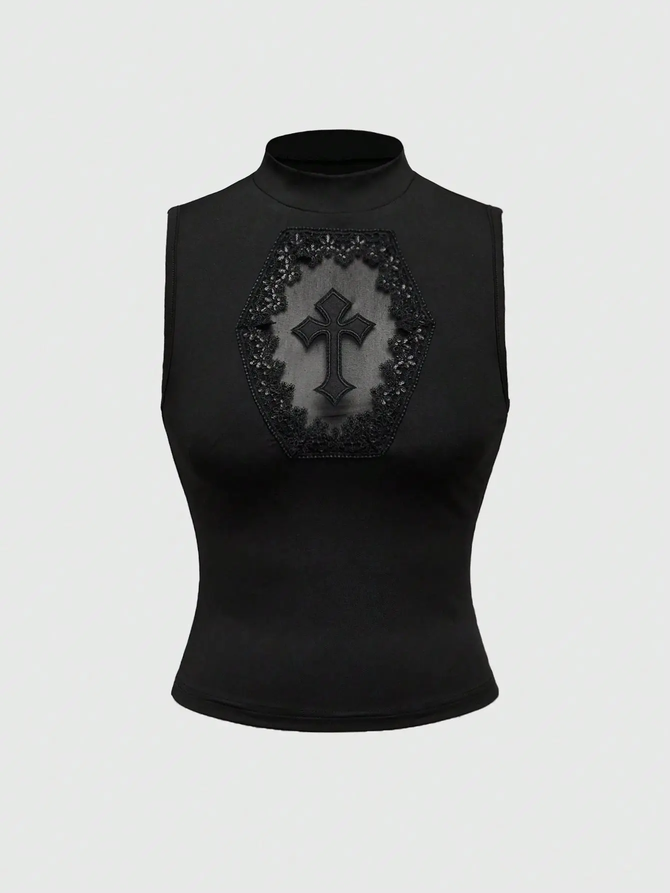 LALUZ Hollow Out Embroidered Cross Collared Tank Top Summer Crop Top Y2K Aesthetic Going Out Top Streetwear
