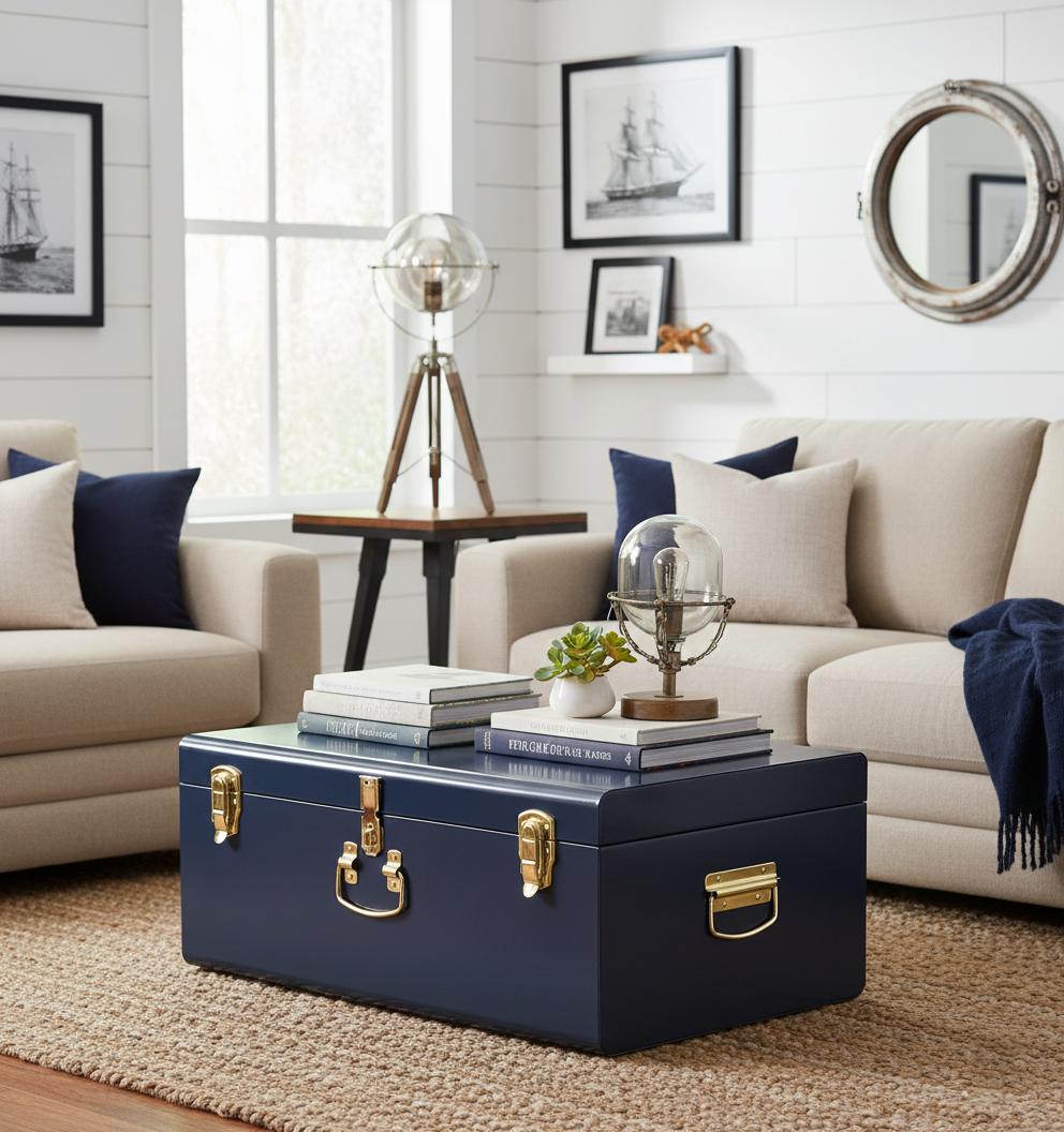 Navy Blue Metal Keepsake Storage Trunk – Dorm Footlocker for Toys, Clothes & Memory Storage Navy Blue Metal Keepsake Storage Trunk – Dorm Footlocker for Toys, Clothes & Memory Storage