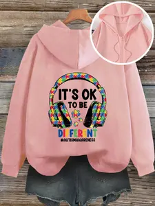 Autism Awareness Hooded Zipper Sweatshirt, It's Ok to Be Different Puzzle Earphone Print Top, Women's Casual Fitted Summer Wear, Womenswear