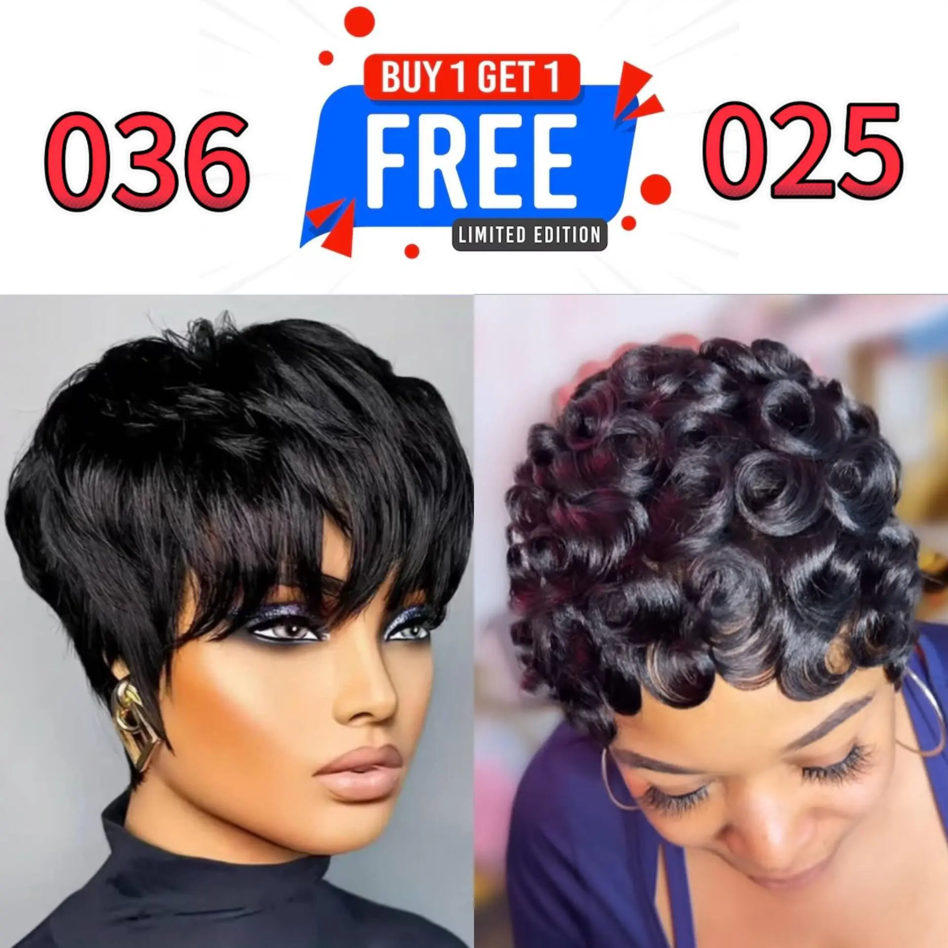[Combo Sale]ShowReal Buy 1 Get 2 Short Pixie Cut Wig Virgin Human Hair Natural Black Color Straight And Curly With Bangs Full Machine Ready To Go Glueless Wig