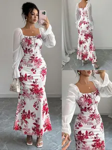 New Women's Square Neck Bow Floral Chiffon Bubble Sleeve Dress, Elegant Feminine Slimming Waist, Perfect for Dates, Parties, Daily Wear, Spring Summer Fall