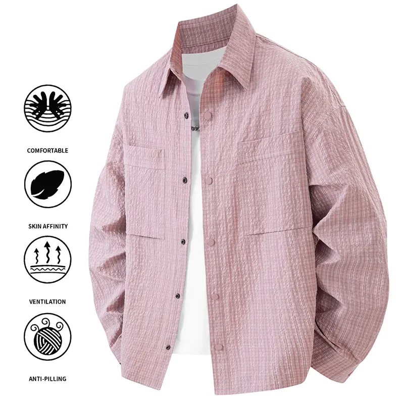 Men's Casual Textured Overshirt, Plain Polyester Button-Down Top, Loose Fit Longsleeves for Everyday Sun Protection, Menswear, Fashion