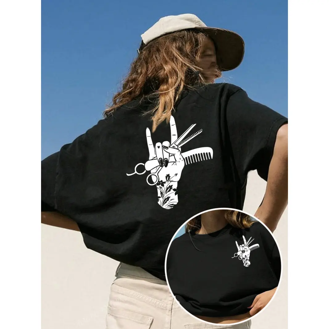 Womens Cotton Short Sleeve Graphic Tee Peace Sign Hand With Scissors And Comb Hairstylist Hairdresser Shirt Casual Streetwear Summer Outfit Top