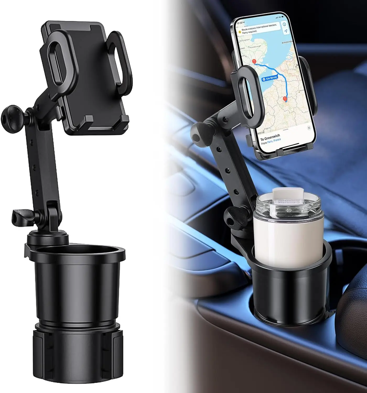 2 in 1 Phone Mount For Car Cup Holder With Adjustable Base, Phone Holders For Car Cupholder, No Shaking 360° Flexible Neck Phone Mount For All 4-7” Sm