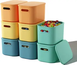 8 Pack Colorful Storage Bins with Lids Stackable Storage Container for Organizing, Storage Boxes with Handle for Shelves, Cute Storage Bin for Craft, Snacks, 9.85x6.9x5.7 inch