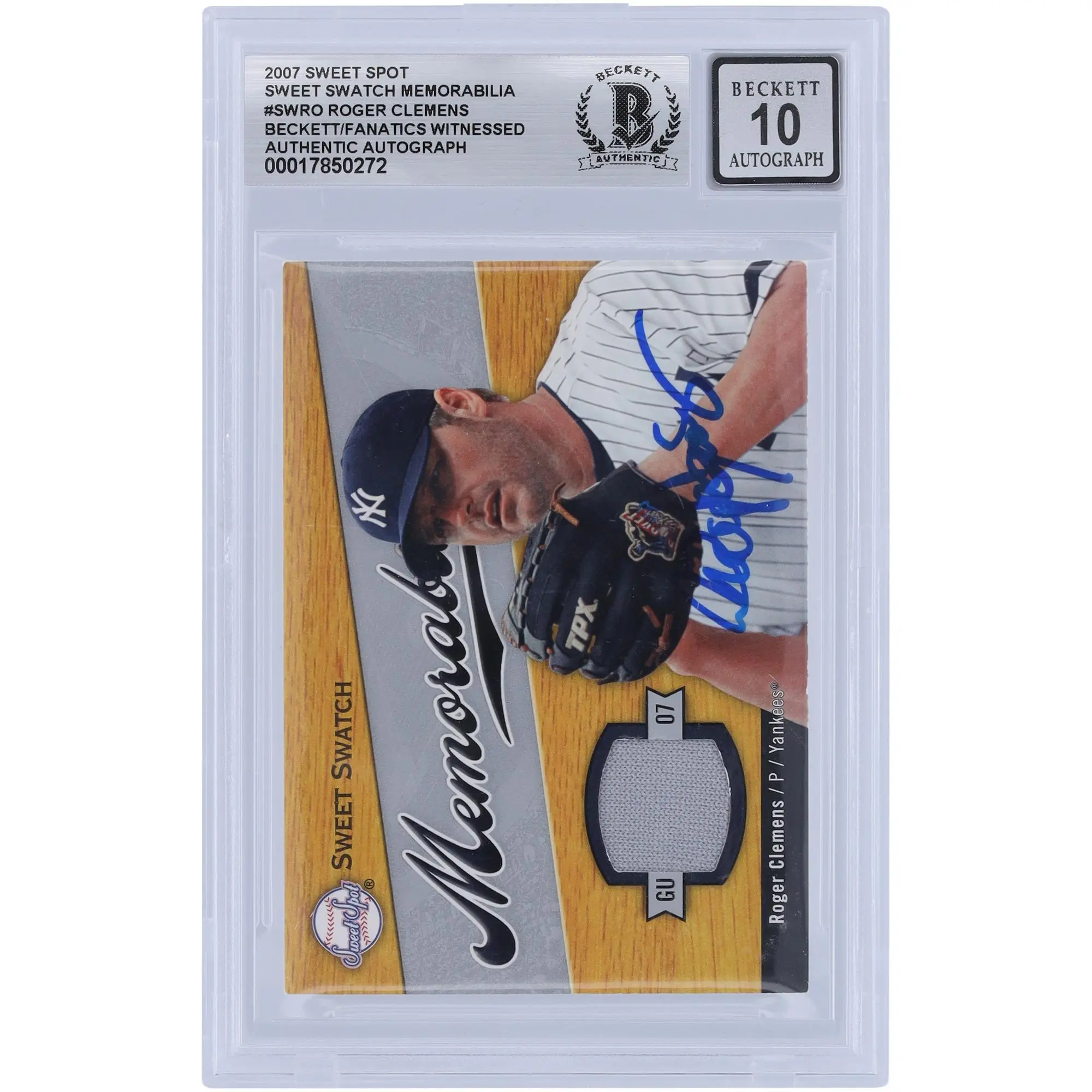 Roger Clemens New York Yankees Autographed 2007 Upper Deck Sweet Spot Baseball Sweet Swatch Memorabilia Jersey Relic #SW-RO Beckett Fanatics Witnessed Authenticated 10 Card - Fanatics Authentic Certified