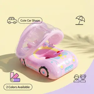 Kids Car Shaped Inflatable Pool Float, Removable Canopy & Steering Wheel, Cute Cartoon Print, Safety Seat, Portable for Pool & Beach, 2 Colors