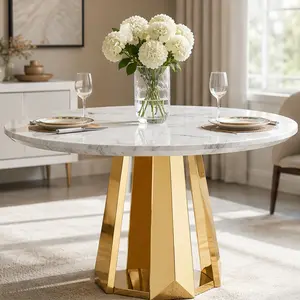 ARCH 47" Round Marble Dining Table for 4-6 People, Modern Kitchen Table with High Gloss Faux Marble Top, Stainless Steel Gold Base, Easy Assembly, for Dining Room, Kitchen, Living Room, Office, White/Gold, Gold+White Color Options