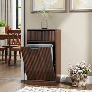 10-Gallon Woodgrain Tilt-Out Trash Can Cabinet Wooden Garbage Recycling Cabinet with Wave-Textured Hideaway Drawer&Pull-Out Bin-Multipurpose Kitchen/Bath Organizer in Walnut Finish