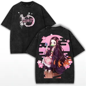 valentine shirts Retro Nezuko Vintage Tee – Oversized Demon Slayer Anime Shirt Cherry Blossom Streetwear for Fans Unisex couple T-shirts