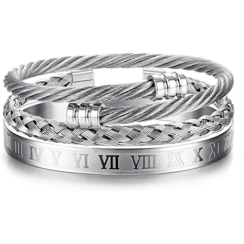 FLORIDECO Men's 3PCS Stainless Steel Roman Numeral Bangle Bracelet ...