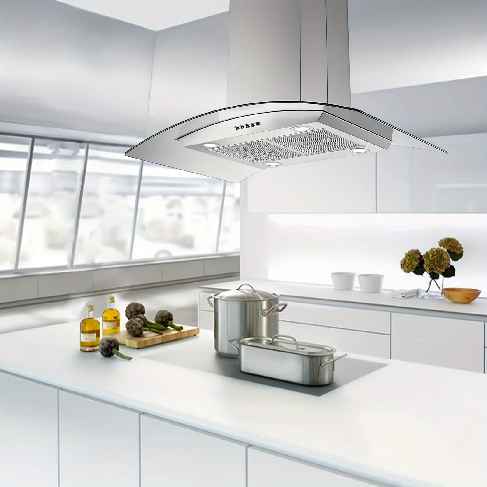 36 inch Island Range Hood 700 CFM Ceiling Mount Hood Stainless Steel Stove Vent Hood with Tempered Glass, 3 Speed Fan Permanent Filters USGI0290 Kitchen Appliances Household Durable