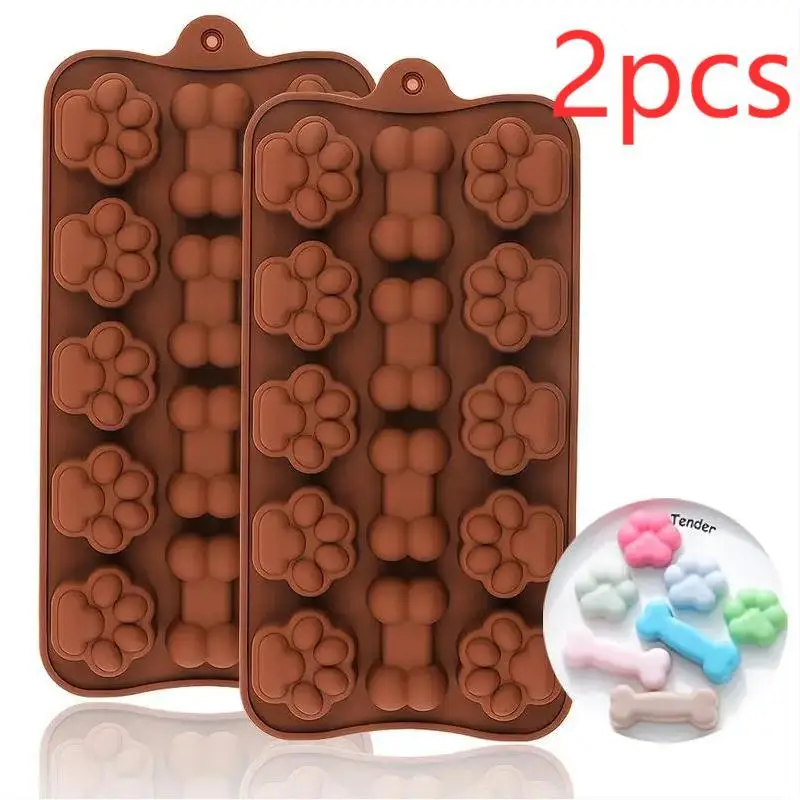 Dog Paw & Bone Design Chocolate Mold, 2 Counts Non-stick Silicone Baking Mold, DIY Baking Tool for Chocolate, Candy, Jelly, Ice Cubes