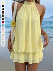 Women's Summer Elegant Chic Versatile Slim-Fitting Halter Neck Backless Short Mini Party Dress for Home Office Outdoor Wear