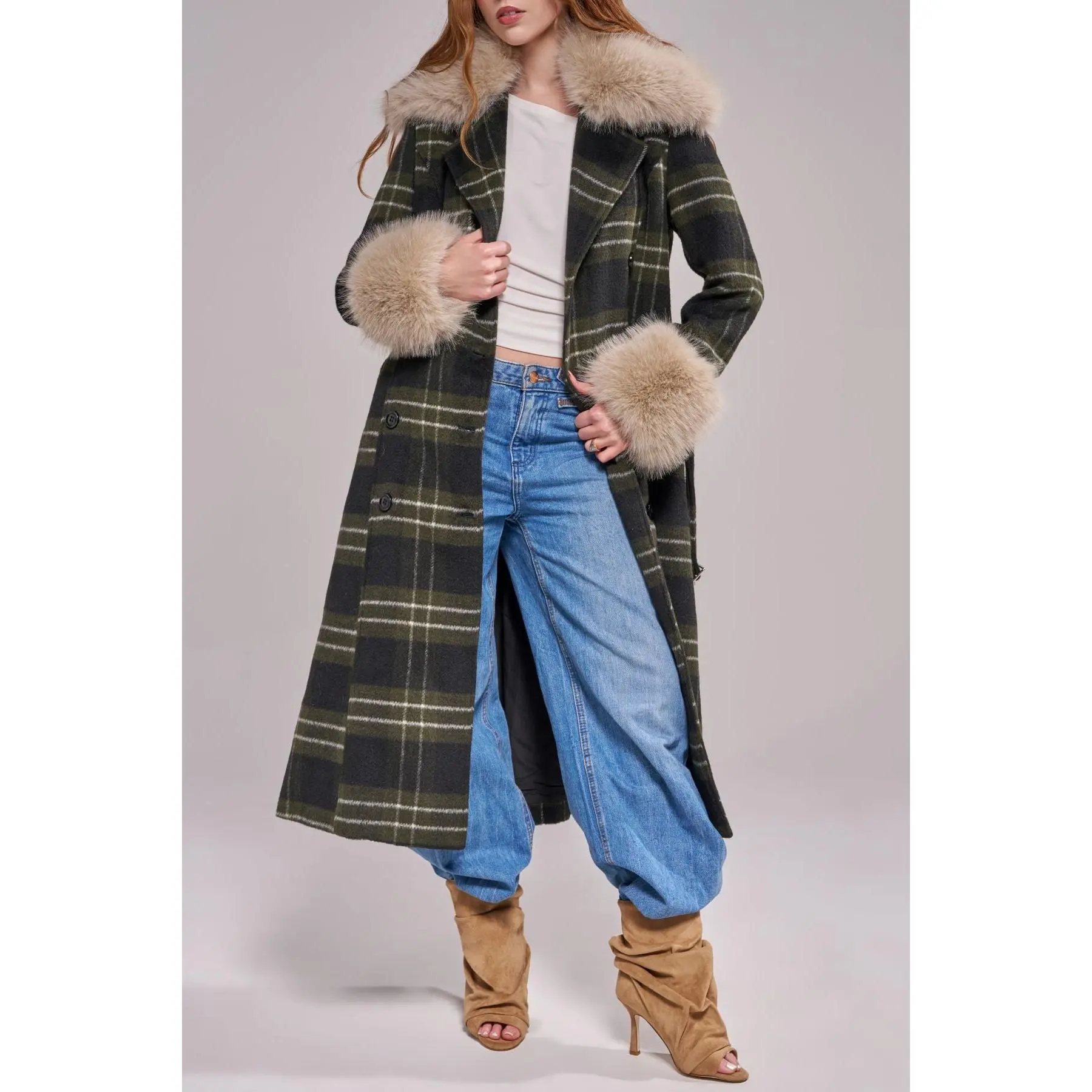 AVENNA-GREENPLAID LONG FAUX FUR TRENCH COAT