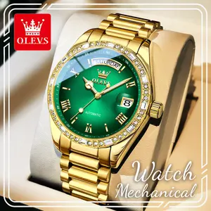 OLEVS 6747 Men's Trendy Automatic Mechanical Wrist Watch, Shiny Green Dial with Diamond-Encrusted Bezel, Roman Numeral Markers, Day & Date Dual Calendar Window, Luminous Hands, 3ATM Water Resistant Precise Timekeeping Gentleman Wristwatch
