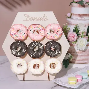 Wooden Hexagon Donut Wall Display Stand 13" - Detachable Space Saving Doughnut Pegboard Dessert Holder for Rustic Boho Vintage-Inspired Events