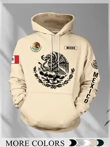 Men's Mexican Eagle Snake Hoodie, Winter Casual Fitted Sweatshirt, Cartoon Pattern, Street Style, National Cultural Trendy Clothing, Ethnic Pattern Hoodie