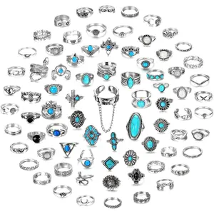 75 Pcs Vintage Turquoise Rings for Women Silver Knuckle Rings Bohemian Oval Gemstone Rings Western Rings Stackable Joint Finger Rings Midi Stacking Rings Set