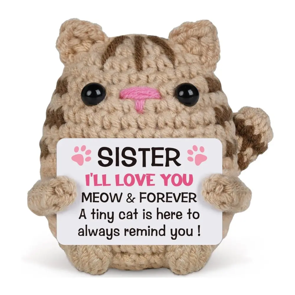 Positive Crochet Amigurumi Cat Gifts, Soft Adorable Stuffed, for Sister/Friend/Daughter, Handmade Knitted Soft Cuddly Huggable Gift, Mother's Day, Graduation, Birthday Gift, Perfect Christmas Stocking Stuffer for Sis and Girls