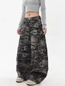 Women's American Military Camo Wide Leg Jeans - High Waisted Stretchy Denim , 90s Retro Streetwear & Edgy Punk Style (Plus Size, Summer Fashion) Womenswear Bag flared jeans target baggy jeans Belt Bottom flared jeans y2k jeans