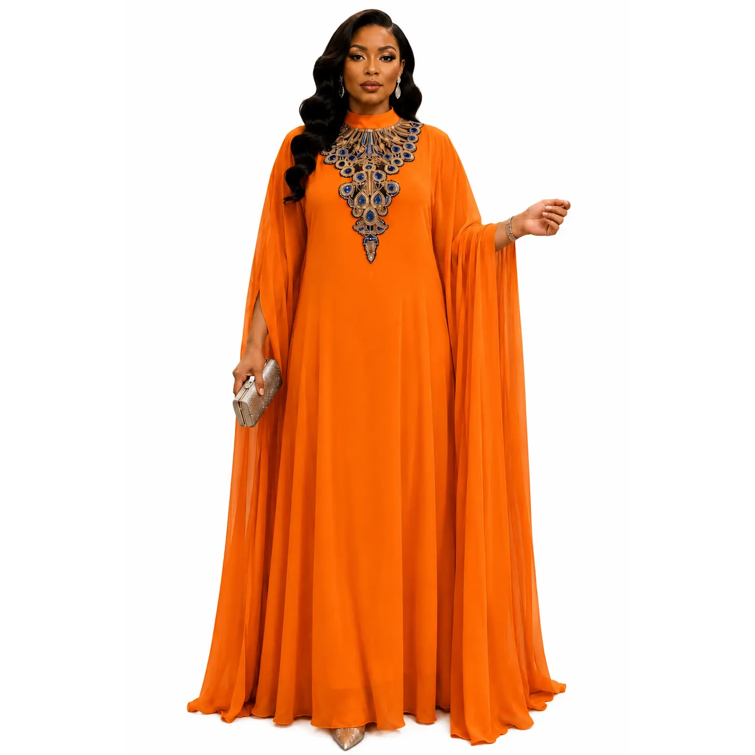 Luxury Orange Chiffon Cape Sleeve Maxi Dress for Women | Embellished Evening Kaftan Gown