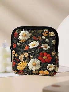 Floral Pattern Printed Coin Wallet, Multifunctional Storage Bag, Durable Polyester, Digital Printing, Key Card Holder, Ideal Gift