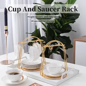 Hot Sale Stylish Gold Mug Organizer Coffee Bar Storage - 4/6-Cup Electroplated Iron Holder with Base, Rust-Resistant Wall & Countertop Rack (Customizable via Sample)