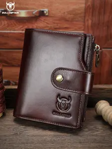 Bullcaptain RFID Blocking Leather Wallet, Vintage European Style Short Vertical Purse, Men's Genuine Cowhide Money Clip, Vertical Folding Wallet